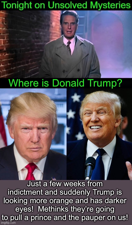 Will the real Donald Trump please stand up? | Where is Donald Trump? Just a few weeks from indictment and suddenly Trump is looking more orange and has darker eyes!  Methinks they’re going to pull a prince and the pauper on us! | image tagged in joke,john fetterman not replaced,nor donald,republicans stop being this stupid,please | made w/ Imgflip meme maker