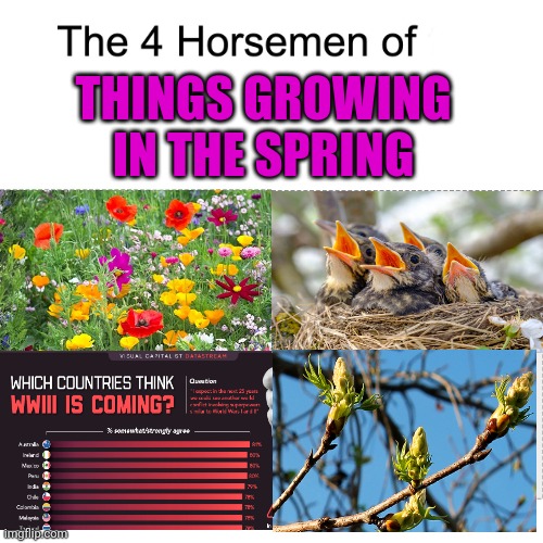 I love seeings things grow in the spring... | THINGS GROWING IN THE SPRING | image tagged in four horsemen,spring | made w/ Imgflip meme maker
