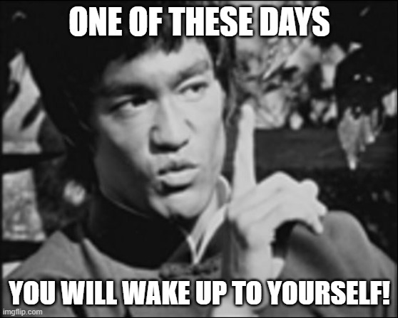 One Bruce Lee | ONE OF THESE DAYS; YOU WILL WAKE UP TO YOURSELF! | image tagged in one bruce lee | made w/ Imgflip meme maker