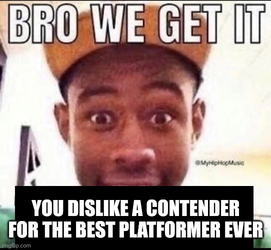 BRO WE GET IT YOU'RE GAY | YOU DISLIKE A CONTENDER FOR THE BEST PLATFORMER EVER | image tagged in bro we get it you're gay | made w/ Imgflip meme maker