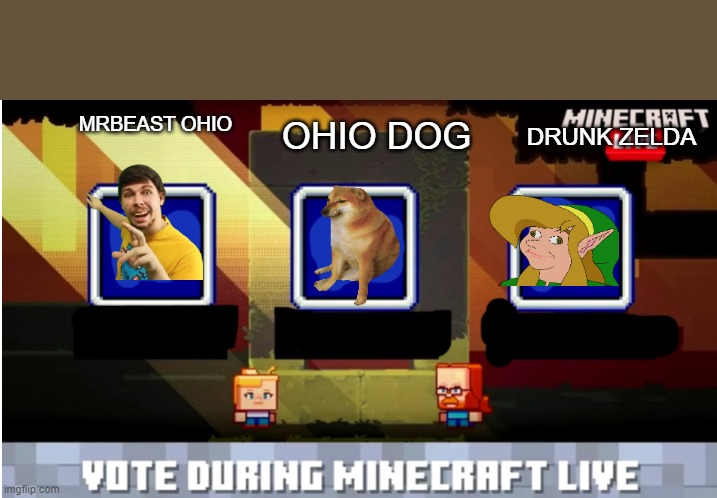 if my friend worked at mojang | DRUNK ZELDA; MRBEAST OHIO; OHIO DOG | image tagged in minecraft mob vote | made w/ Imgflip meme maker