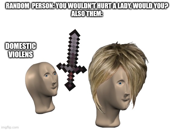 Tbh if she was attacking me I probably would! | RANDOM  PERSON: YOU WOULDN'T HURT A LADY, WOULD YOU?
ALSO THEM:; DOMESTIC VIOLENS | image tagged in blank white template | made w/ Imgflip meme maker