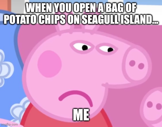 Don't open a bag of potato chips on seagull island | WHEN YOU OPEN A BAG OF POTATO CHIPS ON SEAGULL ISLAND... ME | image tagged in angry peppa pig | made w/ Imgflip meme maker