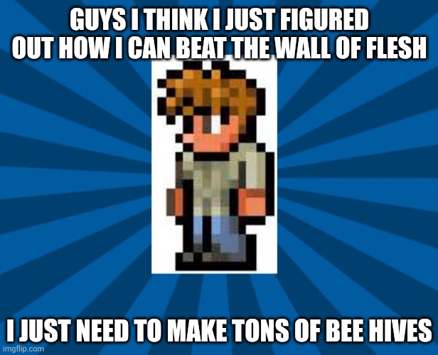 I know the tutorial says patched but it has a question mark so it might still work https://youtu.be/CYjzbdDz8dA | GUYS I THINK I JUST FIGURED OUT HOW I CAN BEAT THE WALL OF FLESH; I JUST NEED TO MAKE TONS OF BEE HIVES | image tagged in terraria guide | made w/ Imgflip meme maker