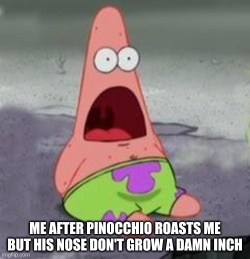 gtggvg | ME AFTER PINOCCHIO ROASTS ME BUT HIS NOSE DON'T GROW A DAMN INCH | image tagged in suprised patrick | made w/ Imgflip meme maker