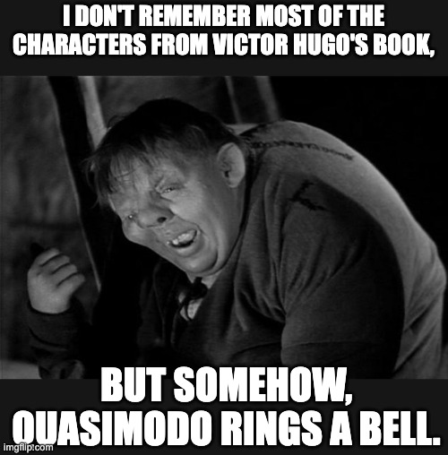 The bells | I DON'T REMEMBER MOST OF THE CHARACTERS FROM VICTOR HUGO'S BOOK, BUT SOMEHOW, QUASIMODO RINGS A BELL. | image tagged in quasimodo | made w/ Imgflip meme maker