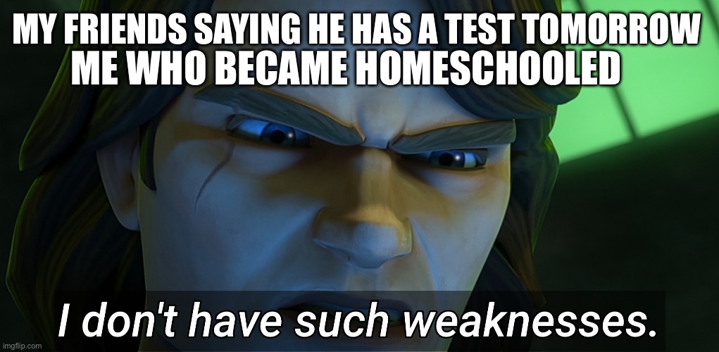 I don't have such weaknesses Anakin | ME WHO BECAME HOMESCHOOLED; MY FRIENDS SAYING HE HAS A TEST TOMORROW | image tagged in i don't have such weaknesses anakin | made w/ Imgflip meme maker