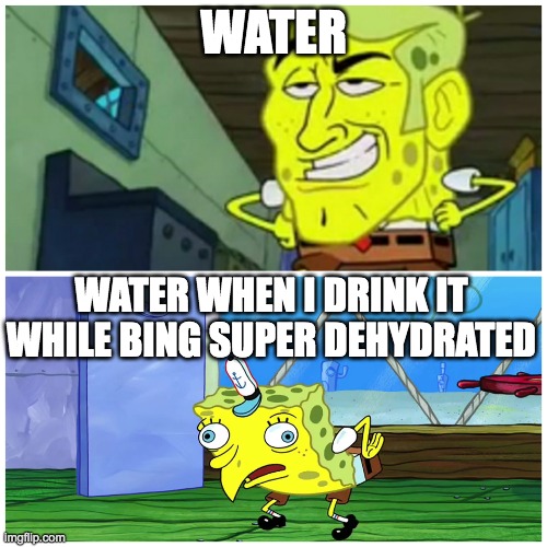 Basically water in a nutshell | WATER; WATER WHEN I DRINK IT WHILE BING SUPER DEHYDRATED | image tagged in spongebob handsome vs spongebob ugly,water,liquid,tags,ha ha tags go brr,why are you reading this | made w/ Imgflip meme maker