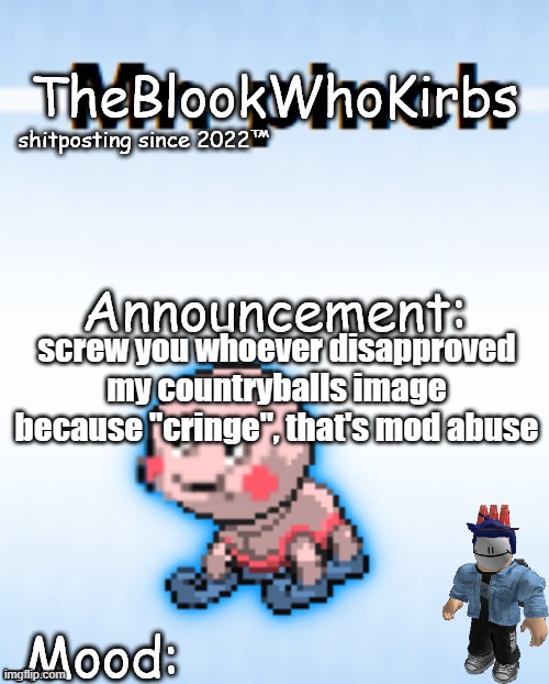 TheBlookWhoKirbs temp 2 | screw you whoever disapproved my countryballs image because "cringe", that's mod abuse | image tagged in theblookwhokirbs temp 2 | made w/ Imgflip meme maker