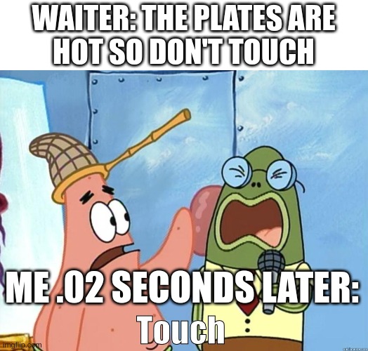 so true | WAITER: THE PLATES ARE
HOT SO DON'T TOUCH; ME .02 SECONDS LATER: | image tagged in spongebob,patrick,patrick star,restaurants,waiter,touch | made w/ Imgflip meme maker