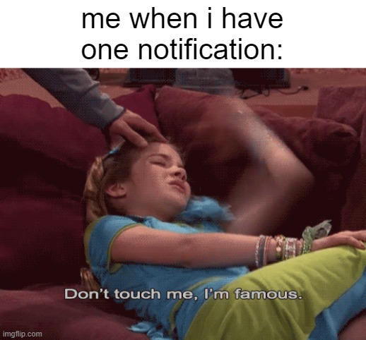 to much fame for me to handle | me when i have
one notification: | image tagged in don't touch me i'm famous | made w/ Imgflip meme maker