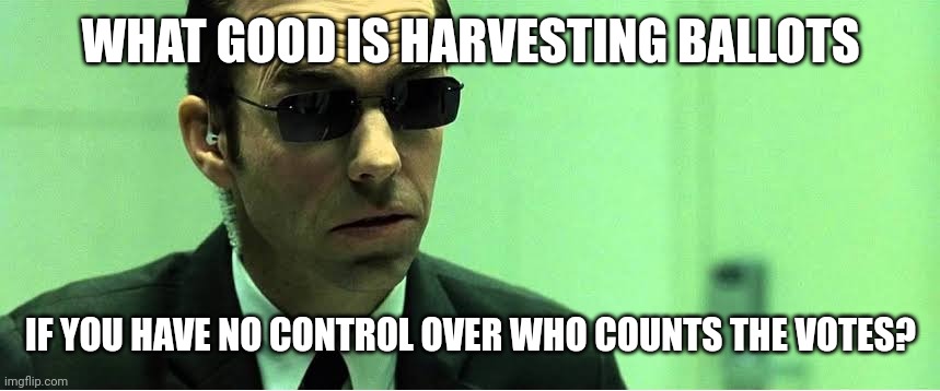 I like Trump's idea but who counts the votes is what matters. | WHAT GOOD IS HARVESTING BALLOTS; IF YOU HAVE NO CONTROL OVER WHO COUNTS THE VOTES? | image tagged in what good is a | made w/ Imgflip meme maker