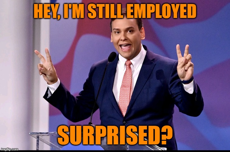 MAGA poster boy | HEY, I'M STILL EMPLOYED; SURPRISED? | image tagged in george santos,fraud,maga,drag queen,crook | made w/ Imgflip meme maker