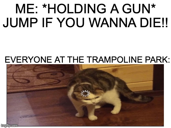 100% relatable | ME: *HOLDING A GUN* JUMP IF YOU WANNA DIE!! EVERYONE AT THE TRAMPOLINE PARK: | image tagged in blank white template,funny,everyone,memes | made w/ Imgflip meme maker