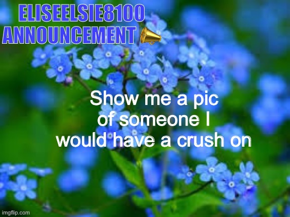 EliseElsie8100 Announcement | Show me a pic of someone I would have a crush on | image tagged in eliseelsie8100 announcement | made w/ Imgflip meme maker