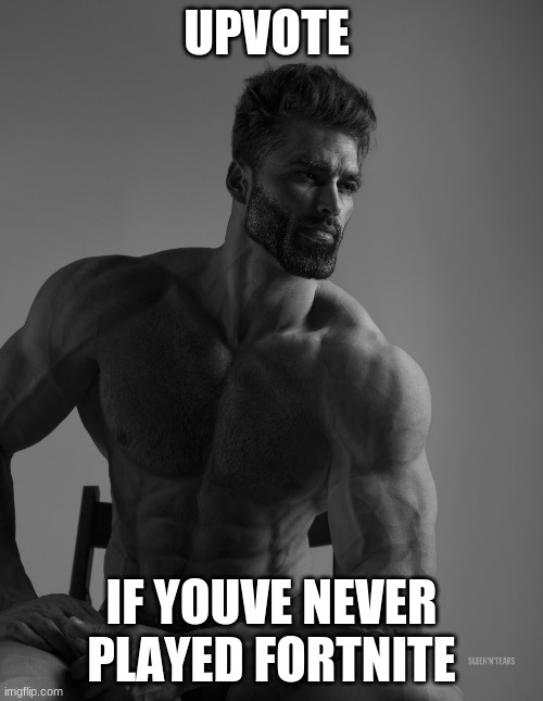 Giga Chad | UPVOTE; IF YOUVE NEVER PLAYED FORTNITE | image tagged in giga chad | made w/ Imgflip meme maker
