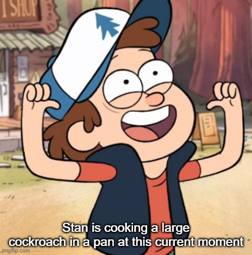 Dipper Pines | Stan is cooking a large cockroach in a pan at this current moment | image tagged in dipper pines | made w/ Imgflip meme maker