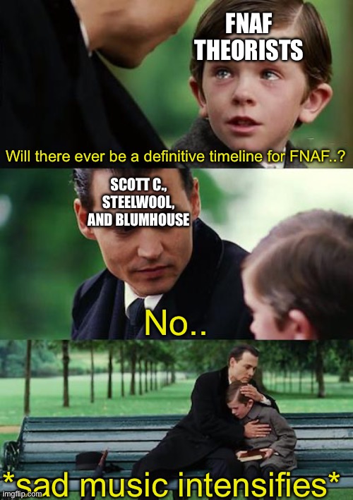 :( | FNAF THEORISTS; Will there ever be a definitive timeline for FNAF..? SCOTT C., STEELWOOL, AND BLUMHOUSE; No.. *sad music intensifies* | image tagged in memes,finding neverland,fnaf | made w/ Imgflip meme maker