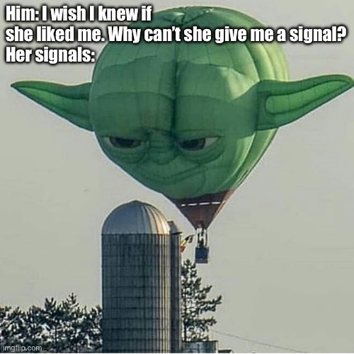 Signals | Him: I wish I knew if she liked me. Why can’t she give me a signal?
Her signals: | image tagged in yoda balloon,turn signals,crush,obvious,oblivious | made w/ Imgflip meme maker