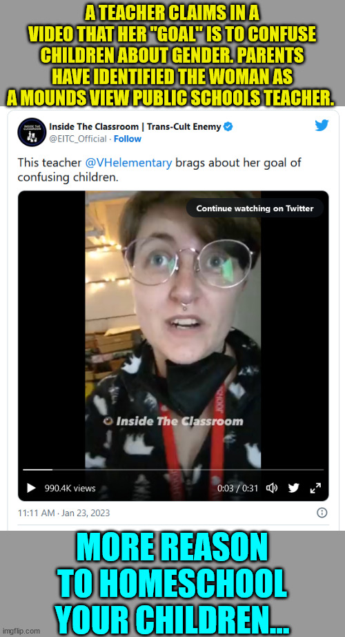 Sicko techers... | A TEACHER CLAIMS IN A VIDEO THAT HER "GOAL" IS TO CONFUSE CHILDREN ABOUT GENDER. PARENTS HAVE IDENTIFIED THE WOMAN AS A MOUNDS VIEW PUBLIC SCHOOLS TEACHER. MORE REASON TO HOMESCHOOL YOUR CHILDREN... | image tagged in sick,teachers | made w/ Imgflip meme maker