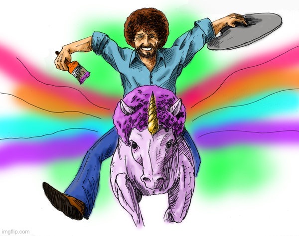 bob ross riding unicorn | image tagged in bob ross riding unicorn | made w/ Imgflip meme maker