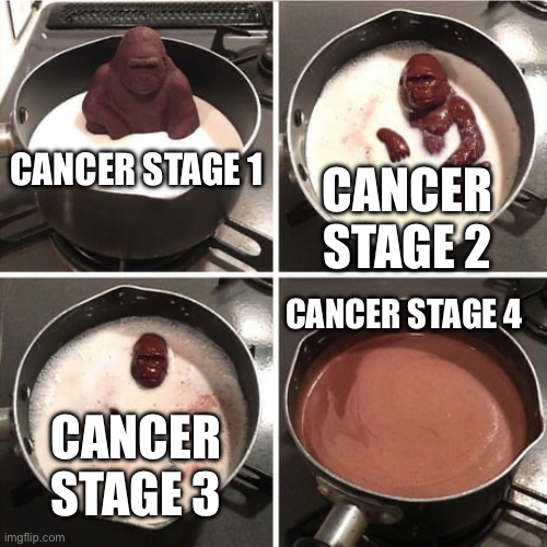 Cancer stages portrayed by memes | CANCER STAGE 1; CANCER STAGE 2; CANCER STAGE 4; CANCER STAGE 3 | image tagged in chocolate harambe,cancer,memes | made w/ Imgflip meme maker