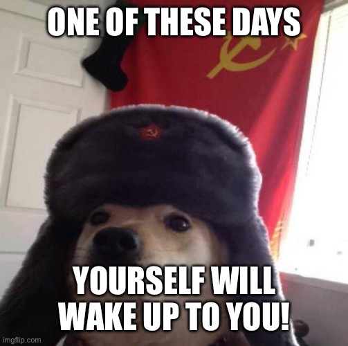 Russian Doge | ONE OF THESE DAYS YOURSELF WILL WAKE UP TO YOU! | image tagged in russian doge | made w/ Imgflip meme maker