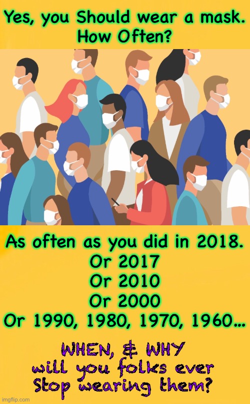 Realistically…. | Yes, you Should wear a mask.
How Often? As often as you did in 2018.
Or 2017
Or 2010
Or 2000
Or 1990, 1980, 1970, 1960…; WHEN, & WHY
will you folks ever
Stop wearing them? | image tagged in memes,masks,admitting u r a scared puppet demonrat,who doesnt read the literature,leftists n all fjb voters can kissmyass | made w/ Imgflip meme maker