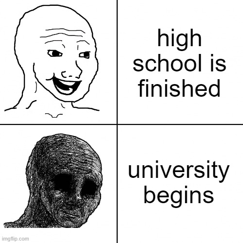 Happy Wojak vs Depressed Wojak | high school is finished; university begins | image tagged in happy wojak vs depressed wojak | made w/ Imgflip meme maker