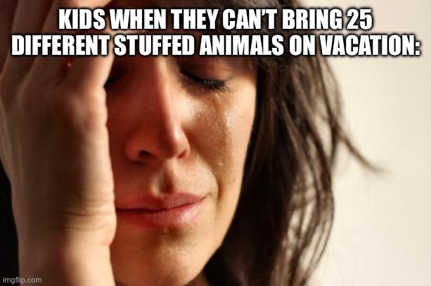First World Problems Meme | KIDS WHEN THEY CAN’T BRING 25 DIFFERENT STUFFED ANIMALS ON VACATION: | image tagged in memes,first world problems | made w/ Imgflip meme maker