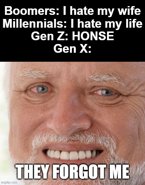 Nobody talks about Gen X | Boomers: I hate my wife
Millennials: I hate my life
Gen Z: HONSE
Gen X:; THEY FORGOT ME | image tagged in hide the pain harold,memes,gen z,millennials,boomers,gen x | made w/ Imgflip meme maker