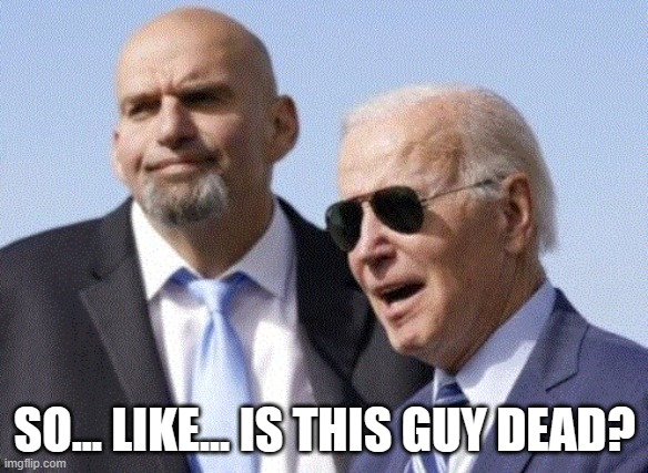 Reasonable question | SO... LIKE... IS THIS GUY DEAD? | image tagged in fetterman and biden | made w/ Imgflip meme maker