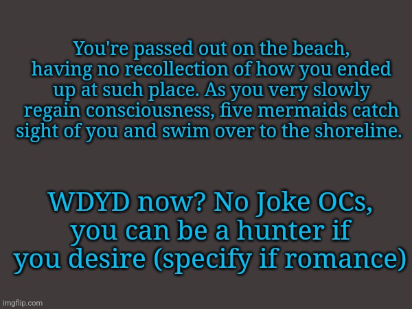 Thought this would be a good concept with my newest characters | You're passed out on the beach, having no recollection of how you ended up at such place. As you very slowly regain consciousness, five mermaids catch sight of you and swim over to the shoreline. WDYD now? No Joke OCs, you can be a hunter if you desire (specify if romance) | made w/ Imgflip meme maker