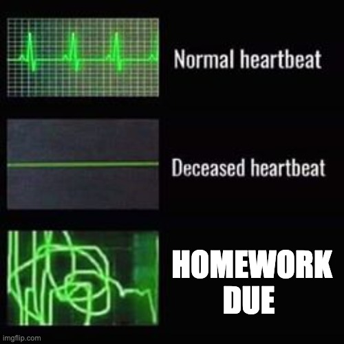 heartbeat rate | HOMEWORK DUE | image tagged in heartbeat rate | made w/ Imgflip meme maker