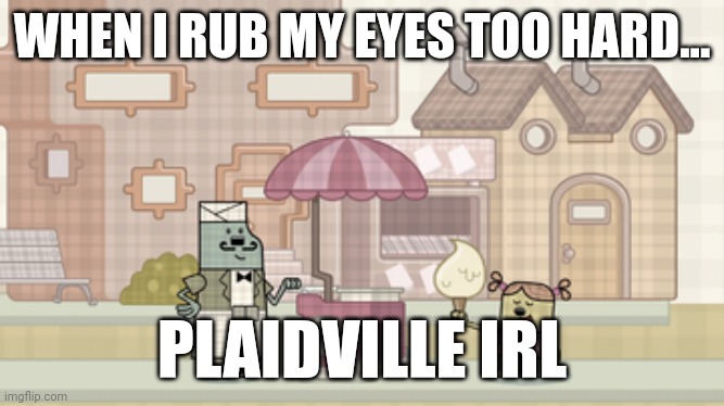 I see plaid when I rub my eyes too hard | WHEN I RUB MY EYES TOO HARD... PLAIDVILLE IRL | image tagged in memes | made w/ Imgflip meme maker