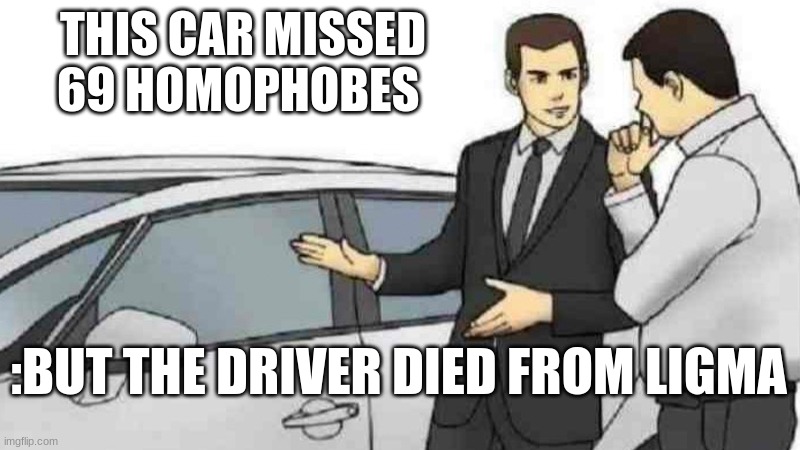 Car Salesman Slaps Roof Of Car Meme | THIS CAR MISSED 69 HOMOPHOBES :BUT THE DRIVER DIED FROM LIGMA | image tagged in memes,car salesman slaps roof of car | made w/ Imgflip meme maker