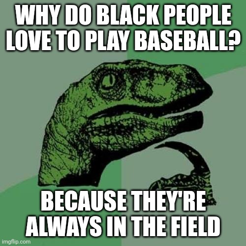Philosoraptor Meme | WHY DO BLACK PEOPLE LOVE TO PLAY BASEBALL? BECAUSE THEY'RE ALWAYS IN THE FIELD | image tagged in memes,philosoraptor | made w/ Imgflip meme maker