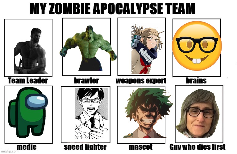 Funny | image tagged in my zombie apocalypse team | made w/ Imgflip meme maker