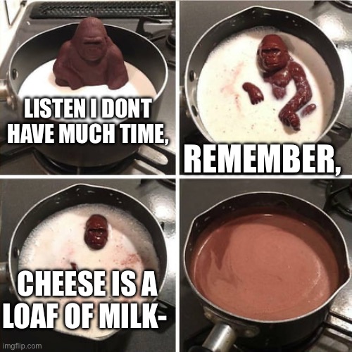 Chocolate Harambe | LISTEN I DONT HAVE MUCH TIME, REMEMBER, CHEESE IS A LOAF OF MILK- | image tagged in chocolate harambe,cheese,milk | made w/ Imgflip meme maker