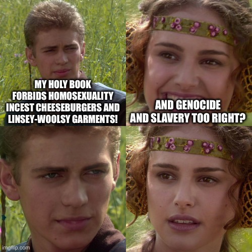 Anakin Padme 4 Panel | MY HOLY BOOK FORBIDS HOMOSEXUALITY INCEST CHEESEBURGERS AND LINSEY-WOOLSY GARMENTS! AND GENOCIDE AND SLAVERY TOO RIGHT? | image tagged in anakin padme 4 panel | made w/ Imgflip meme maker