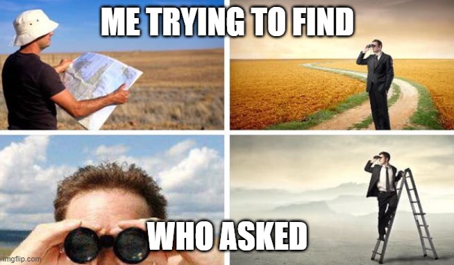 Me Trying To Find | ME TRYING TO FIND; WHO ASKED | image tagged in me trying to find | made w/ Imgflip meme maker