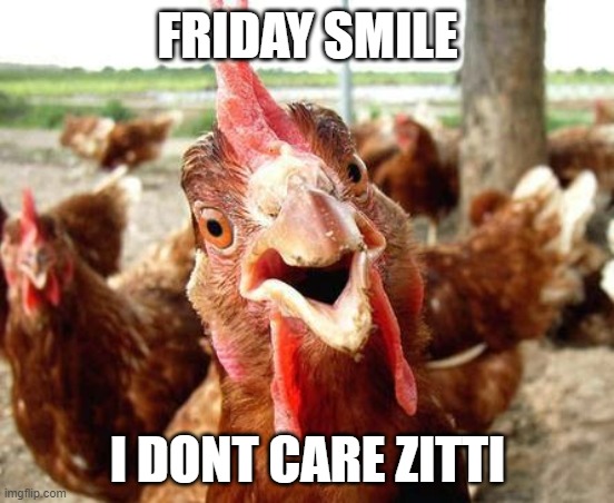Chicken | FRIDAY SMILE; I DONT CARE ZITTI | image tagged in chicken | made w/ Imgflip meme maker