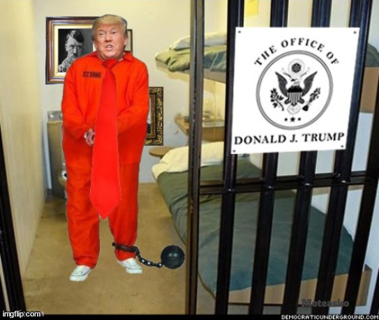 Trump's new office | Moteasko | image tagged in donald trump,prison,maga,criminal,red tie,trump's office | made w/ Imgflip meme maker