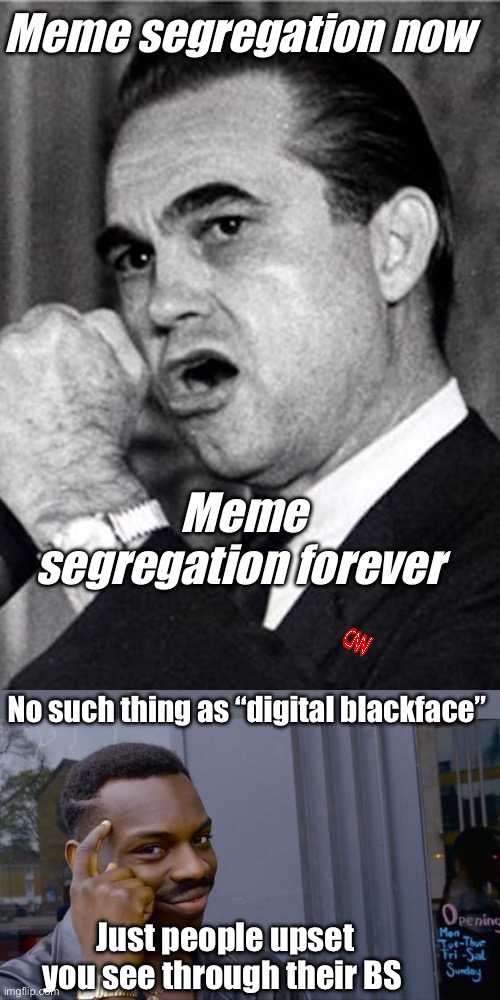 Well, just when ya thought people had become as dumb as possible. | Meme segregation now; Meme segregation forever; No such thing as “digital blackface”; Just people upset you see through their BS | image tagged in honorable george wallace,memes,roll safe think about it,politics lol,derp,stupid people | made w/ Imgflip meme maker