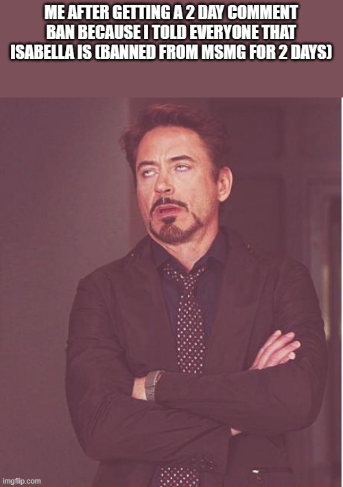 Face You Make Robert Downey Jr Meme | ME AFTER GETTING A 2 DAY COMMENT BAN BECAUSE I TOLD EVERYONE THAT ISABELLA IS (BANNED FROM MSMG FOR 2 DAYS) | image tagged in memes,face you make robert downey jr | made w/ Imgflip meme maker
