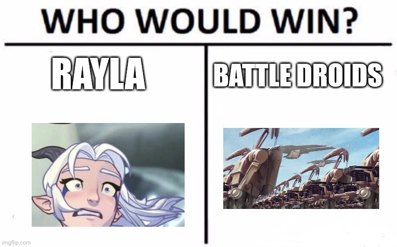 Elf vs droids | RAYLA; BATTLE DROIDS | image tagged in memes,who would win | made w/ Imgflip meme maker