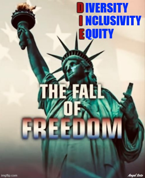 the fall of freedom - statue of liberty | D
 I
 E; IVERSITY
NCLUSIVITY
QUITY; Angel Soto | image tagged in political meme,freedom,statue of liberty,diversity,inclusivity,equity | made w/ Imgflip meme maker