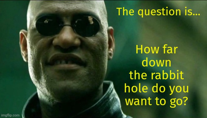 It's deep. The abyss deep. | The question is... How far down
the rabbit hole do you want to go? | image tagged in matrix morpheus | made w/ Imgflip meme maker