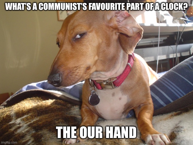 Suspicious Dog | WHAT’S A COMMUNIST’S FAVOURITE PART OF A CLOCK? THE OUR HAND | image tagged in suspicious dog | made w/ Imgflip meme maker