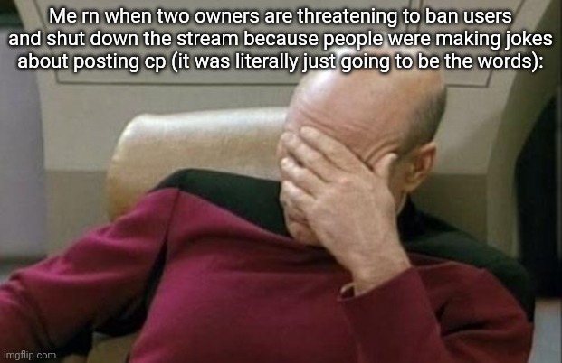 Not only is it nearly impossible to get cp but is highly illegal and msmg isn't that stupid | Me rn when two owners are threatening to ban users and shut down the stream because people were making jokes about posting cp (it was literally just going to be the words): | image tagged in memes,captain picard facepalm | made w/ Imgflip meme maker